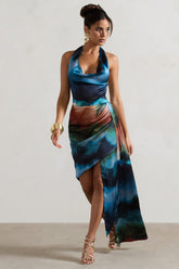 Blue Blur Print Satin Cowl-Neck Draped Midi Dress